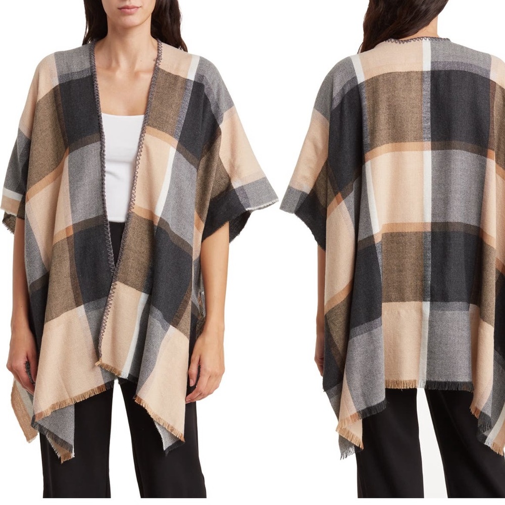 1 hour sale. Vince Camuto, fringe trim plaid ruana, cover